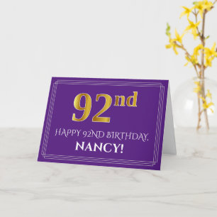 Elegant Faux Gold Look 92nd Birthday, Name; Purple Card