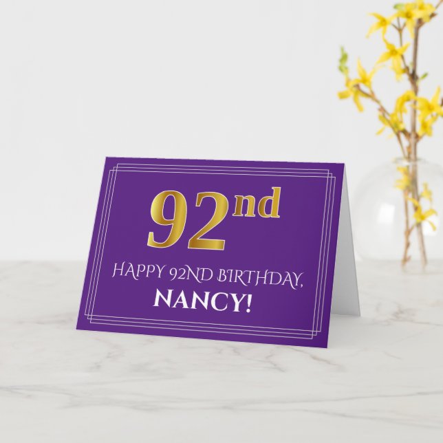 Elegant Faux Gold Look 92nd Birthday, Name; Purple Card (Yellow Flower)