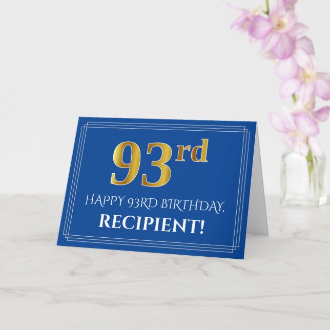 Elegant Faux Gold Look 93rd Birthday, Name (Blue) Card (Orchid)