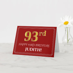 Elegant Faux Gold Look "93rd" Birthday, Name (Red) Card