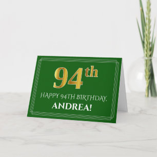 Elegant Faux Gold Look 94th Birthday, Name (Green) Card