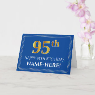 Elegant Faux Gold Look 95th Birthday, Name (Blue) Card