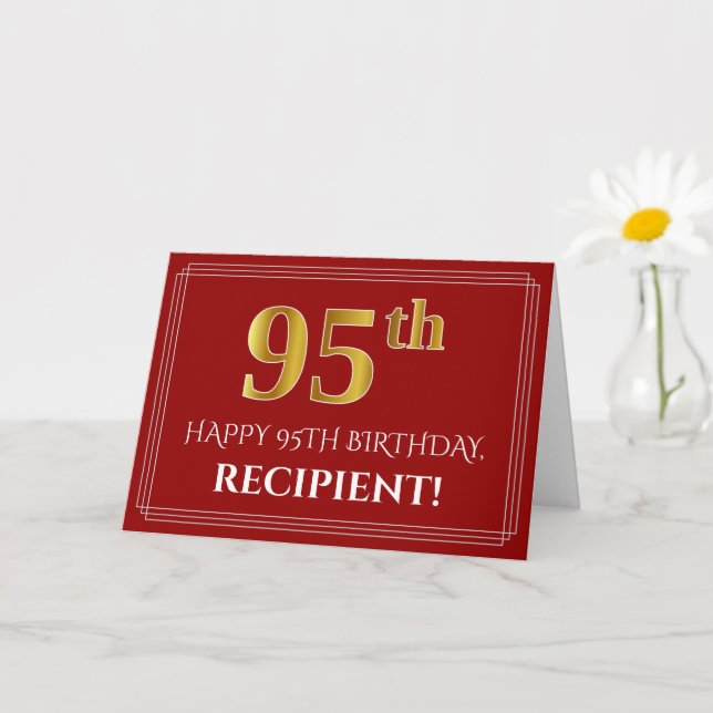 Elegant Faux Gold Look "95th" Birthday, Name (Red) Card (Small Plant)