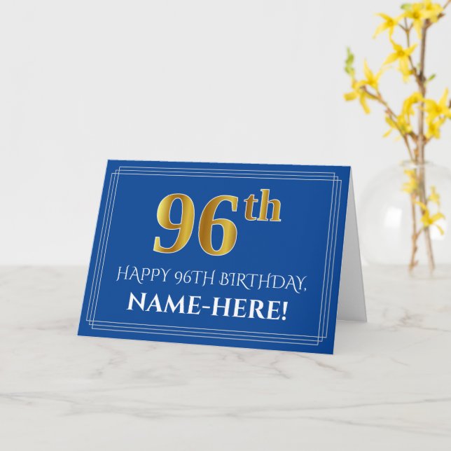 Elegant Faux Gold Look 96th Birthday, Name (Blue) Card (Yellow Flower)