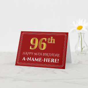 Elegant Faux Gold Look "96th" Birthday, Name (Red) Card