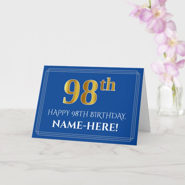 Elegant Faux Gold Look 98th Birthday, Name (Blue) Card (Orchid)