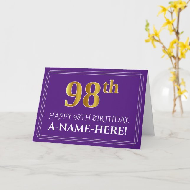 Elegant Faux Gold Look 98th Birthday, Name; Purple Card (Yellow Flower)