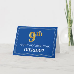 Elegant Faux Gold Look 9th Birthday, Name (Blue) Card