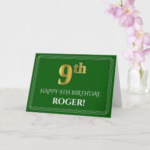 Elegant Faux Gold Look 9th Birthday, Name (Green) Card