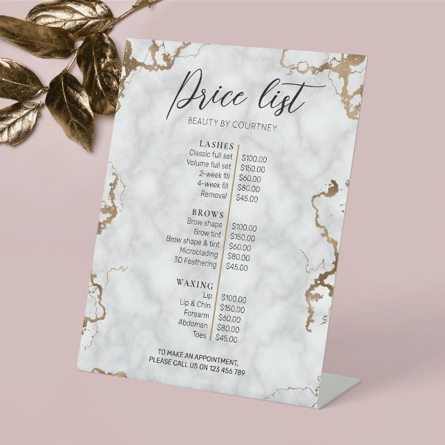 Elegant Faux Gold & Marble Beauty Salon Price List Pedestal Sign (Modern Marble and Gold Business Pricing Menu Pedestal Sign)