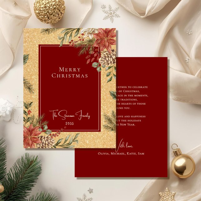 Elegant Faux Gold Merry Christmas Poinsettia Holiday Card (Creator Uploaded)