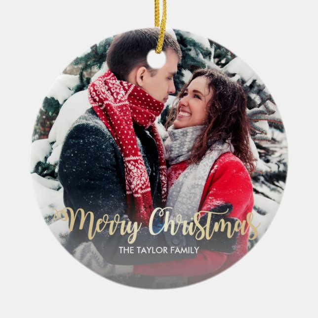 Elegant faux gold Merry Christmas text photo Ceramic Tree Decoration (Front)