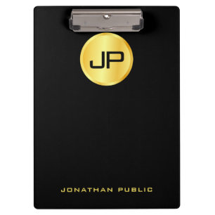 Elegant Faux Gold Monogram Modern Black Template Clipboard