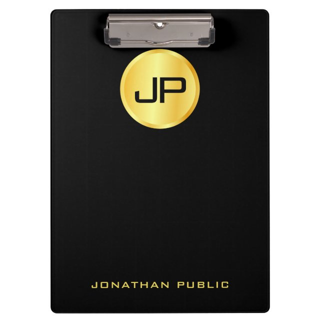 Elegant Faux Gold Monogram Modern Black Template Clipboard (Front)