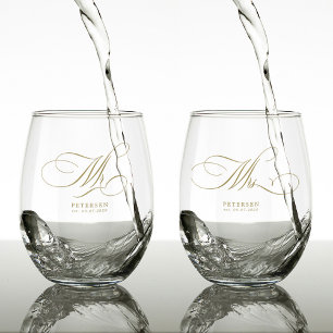 Elegant faux gold Mr and Mrs custom name wedding Stemless Wine Glass