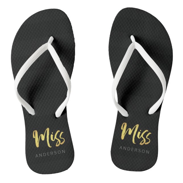 Elegant Faux Gold Name Miss Black Stripes Jandals (Footbed)