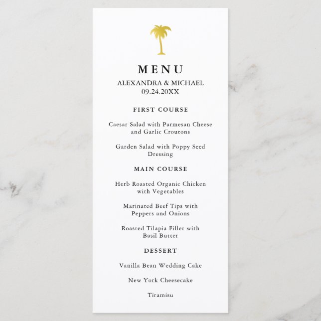 Elegant Faux Gold Palm Tree Wedding Menu (Front)