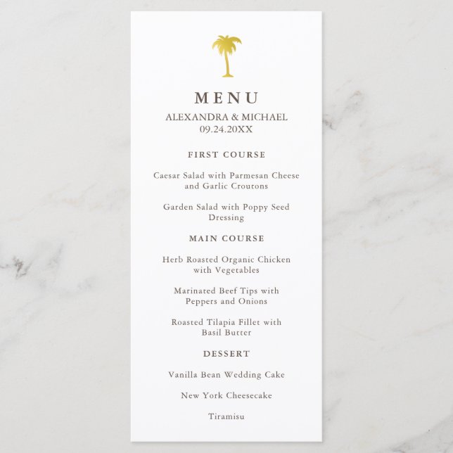 Elegant Faux Gold Palm Tree Wedding Menu | Green (Front)