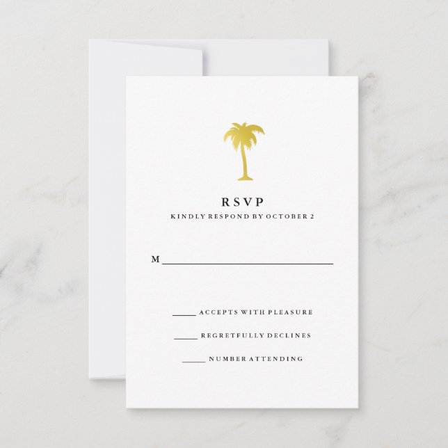 Elegant Faux Gold Palm Tree Wedding RSVP Card (Front)