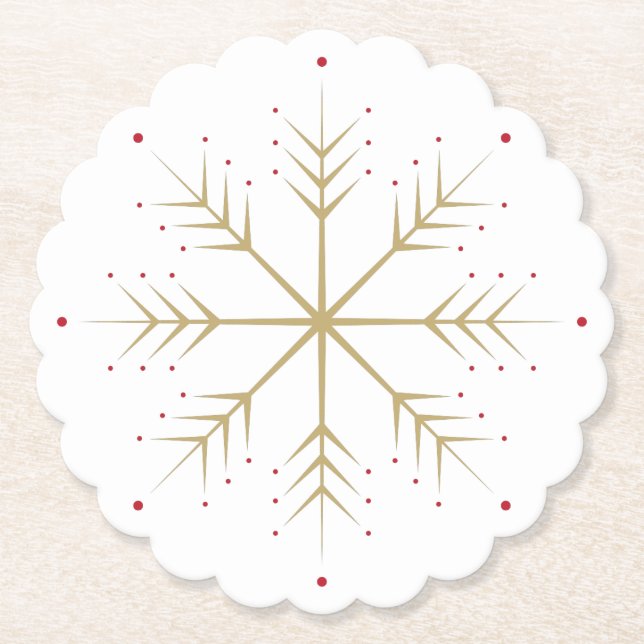 Elegant Faux Gold Red Snowflake Paper Coaster (Front)