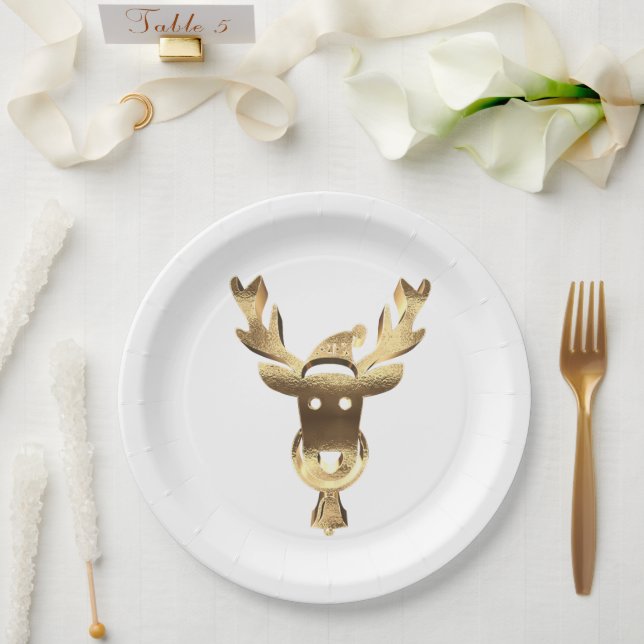Elegant Faux Gold Reindeer Santa Hat Christmas Paper Plate (Wedding)