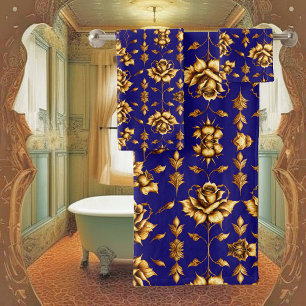 Elegant faux gold roses on royal blue bath towel set