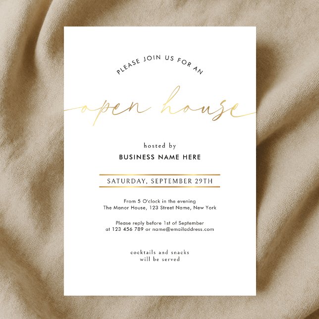 Elegant Faux Gold Script Business Open House Invitation (Creator Uploaded)