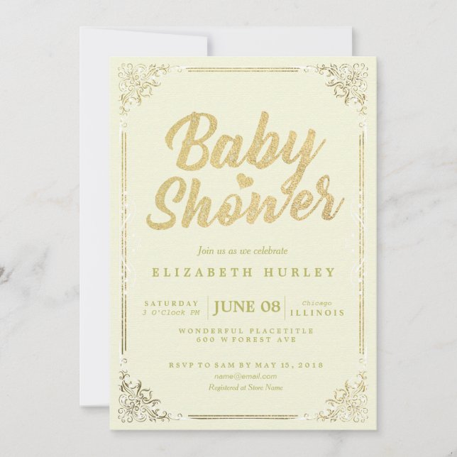 Elegant Faux Gold Script Floral Frame Baby Shower Invitation (Front)