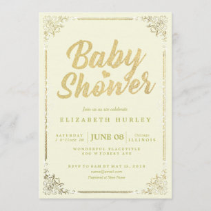 Elegant Faux Gold Script Floral Frame Baby Shower Invitation