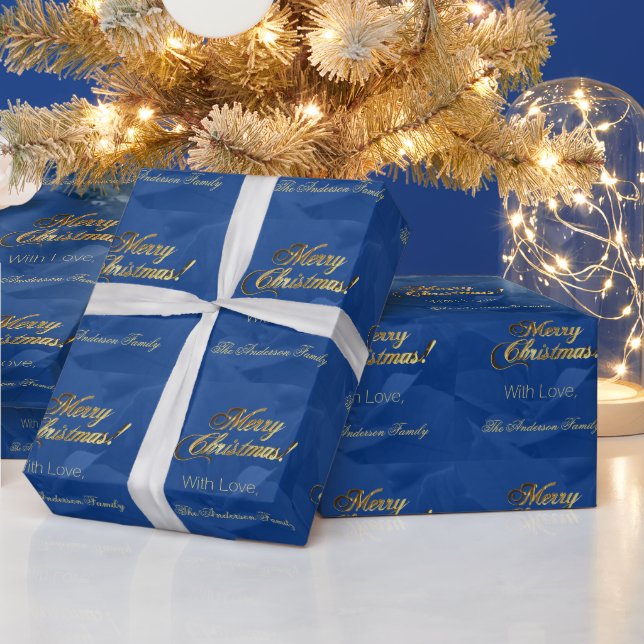 Elegant Faux Gold Script Merry Christmas Blue Wrapping Paper (Holidays)
