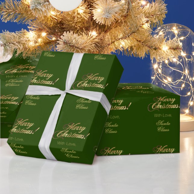 Elegant Faux Gold Script Merry Christmas Green Wrapping Paper (Holidays)