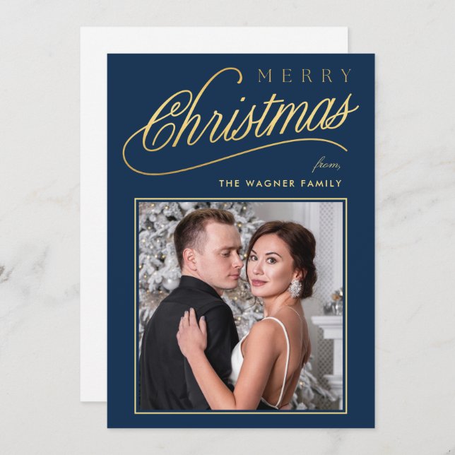 Elegant Faux Gold Script Merry Christmas Photo Holiday Card (Front/Back)