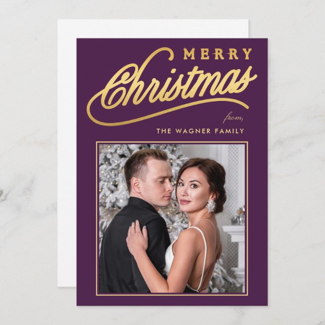 Elegant Faux Gold Script Merry Christmas Photo Holiday Card (Front/Back)