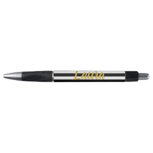 Elegant Faux Gold Script Name Black White Stripes