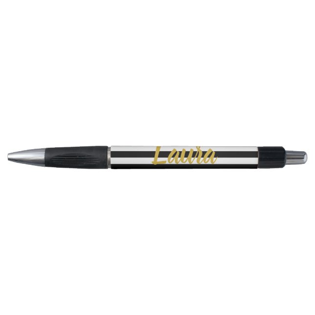 Elegant Faux Gold Script Name Black White Stripes (Front)