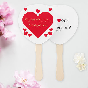 Elegant Faux Gold Script Red Hearts Summer Wedding Hand Fan