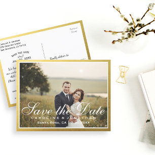 Elegant Faux Gold Script Save The Date with Photo Announcement Postcard