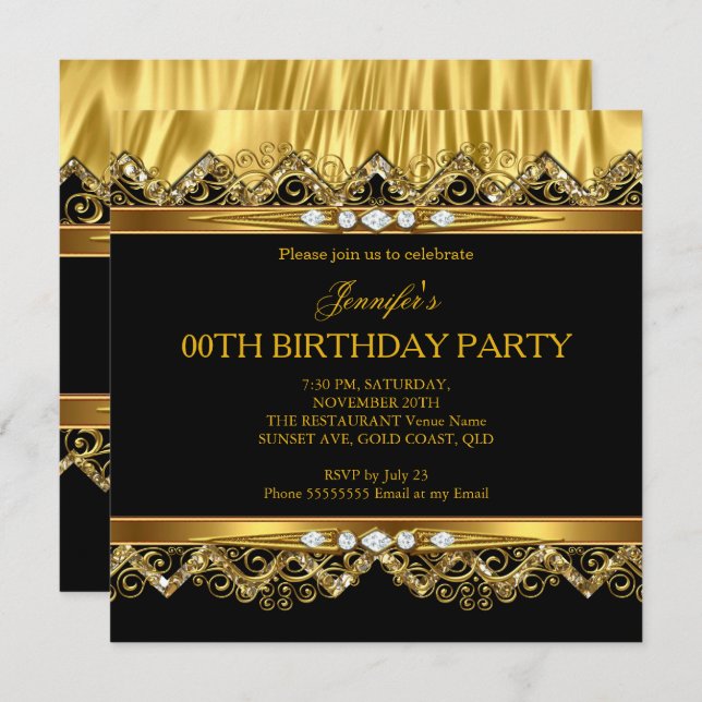 Elegant Faux Gold Silk Black Diamond Invitation (Front/Back)