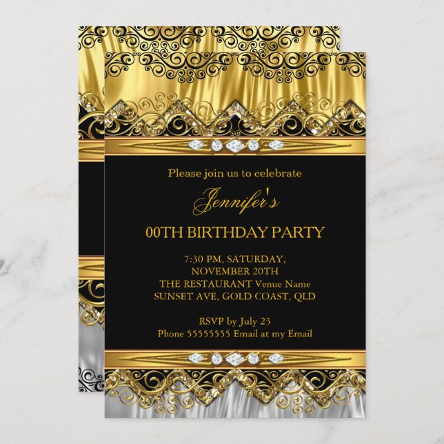 Elegant Faux Gold Silver Black Diamond Invitation (Front/Back)
