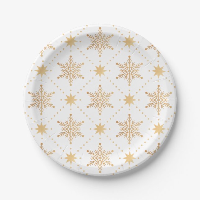 Elegant Faux Gold Snowflakes Christmas Patttern Paper Plate (Front)