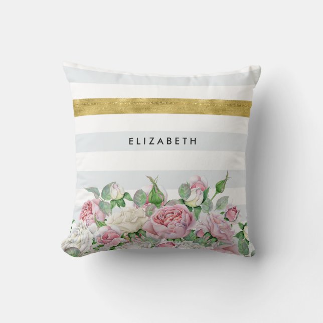 Elegant FAUX Gold Stripe With Pink Roses and Name Cushion (Front)