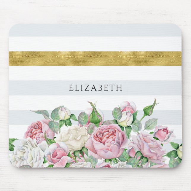 Elegant FAUX Gold Stripe With Pink Roses and Name Mouse Pad (Front)