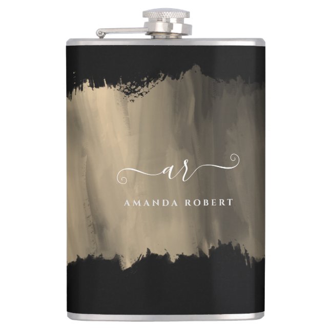 Elegant Faux Gold Stroke Monogrammed Black Hip Flask (Front)