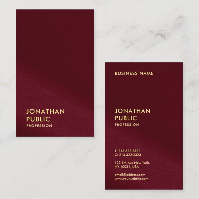 Elegant Faux Gold Text Template Burgundy Red Luxe Business Card (Front/Back)