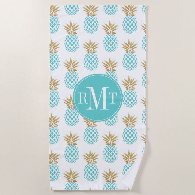 Elegant faux gold tropical pineapple pattern beach towel (Front)