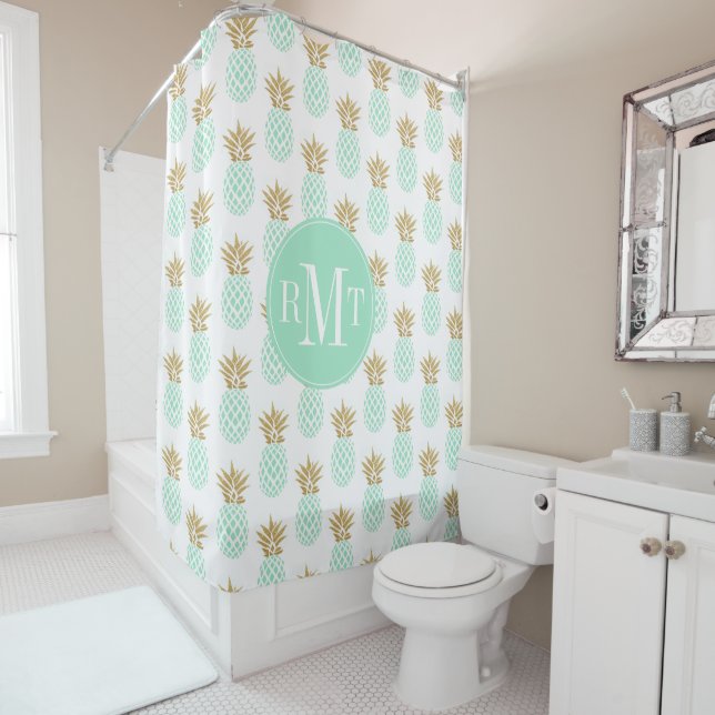 Elegant faux gold tropical pineapple pattern shower curtain (In Situ)