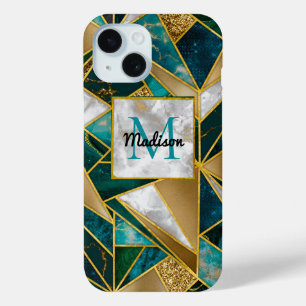 Elegant faux gold turquoise geometric iPhone 15 case