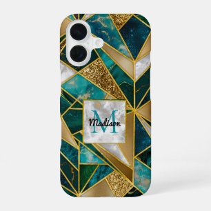 Elegant faux gold turquoise geometric iPhone 16 case