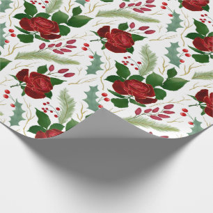 Elegant faux gold watercolor roses pine berries wrapping paper
