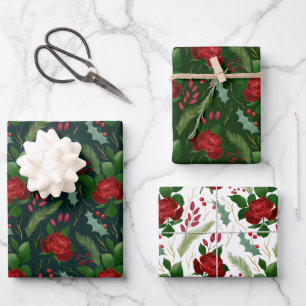 Elegant faux gold watercolor roses pine berries   wrapping paper sheet